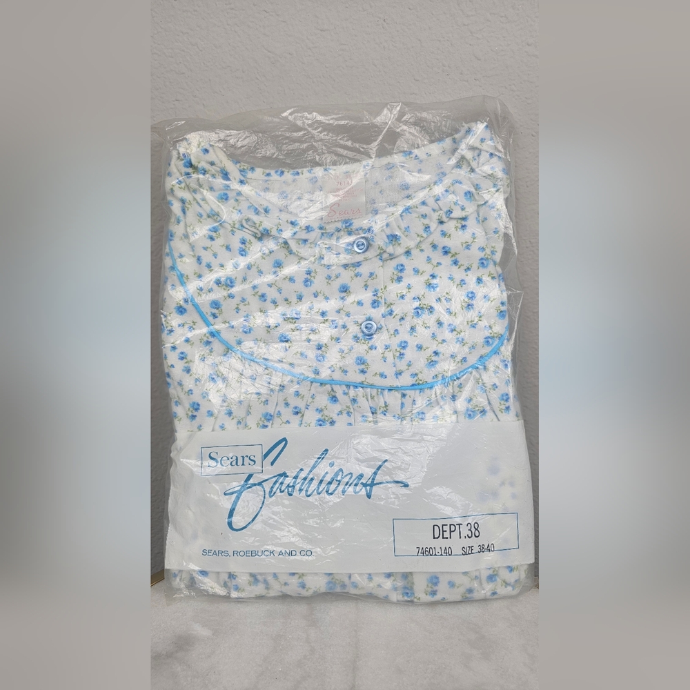 Vintage Sears Ruffle Collar‎ Nightgown NEW Blue Floral Size XL 38-40